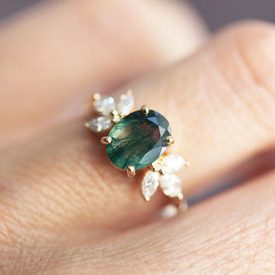 Olivenorma Oval Cut Moss Agate Zircon Leaf Ring