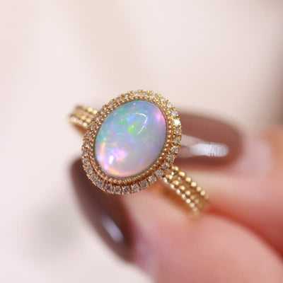 Olivenorma Oval Cut Colorful Opal With Diamonds Ring