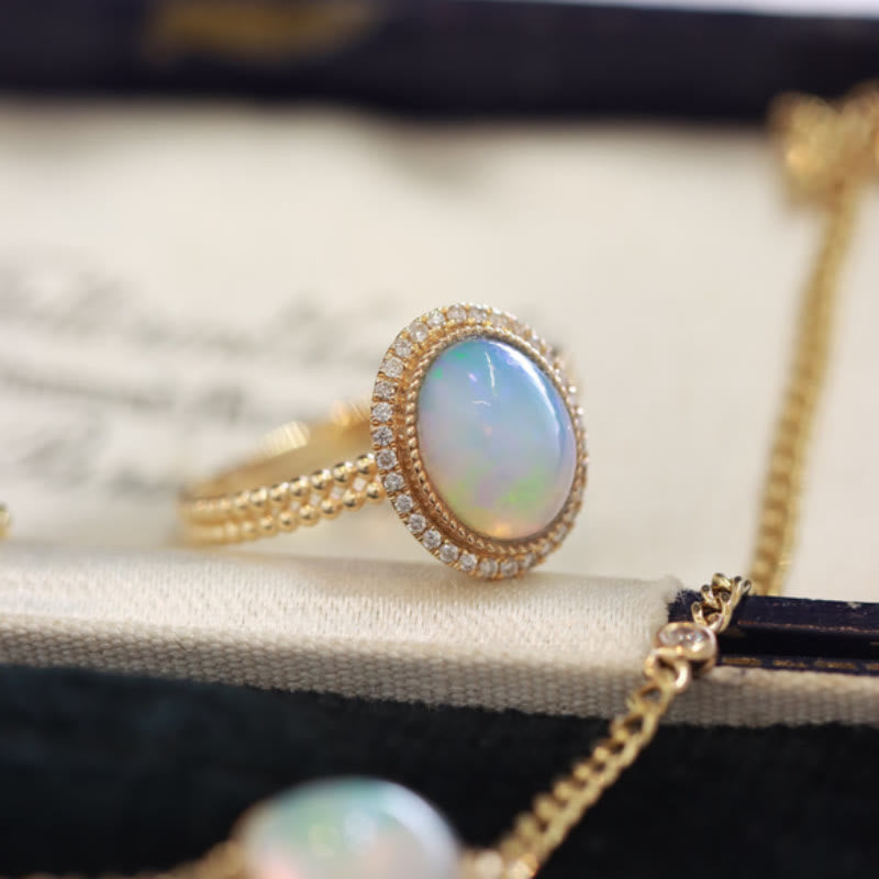 Olivenorma Oval Cut Colorful Opal With Diamonds Ring