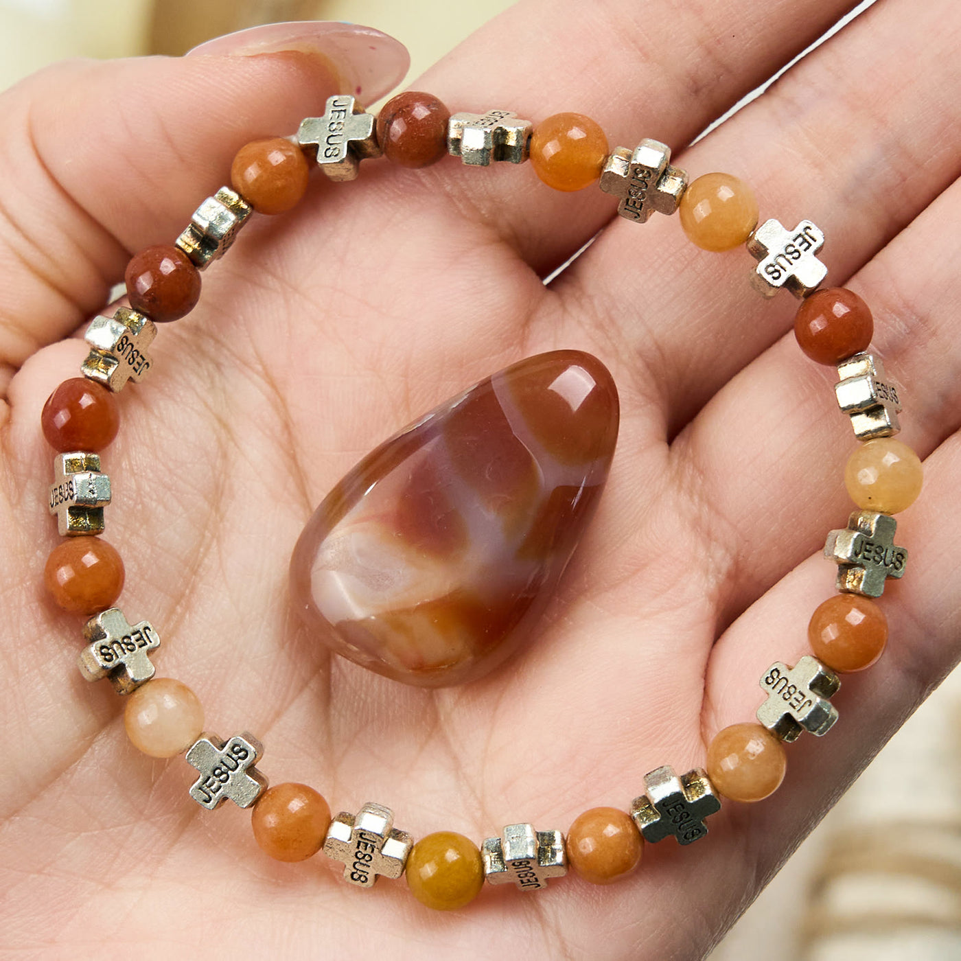 Olivenorma Sun Stone Sandstone Silver Metal Cross Beads Bracelet