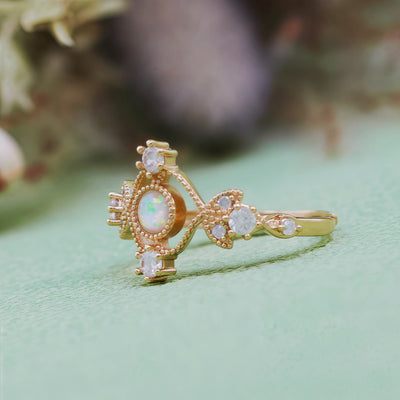 Olivenorma Natural Opal White Zircon Hollow Leaf Ring