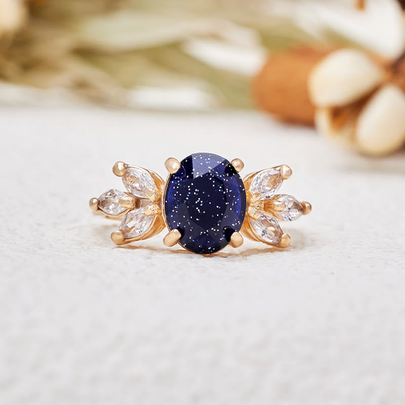 Olivenorma Oval Cut Blue Sandstone Zircon Leaf Ring