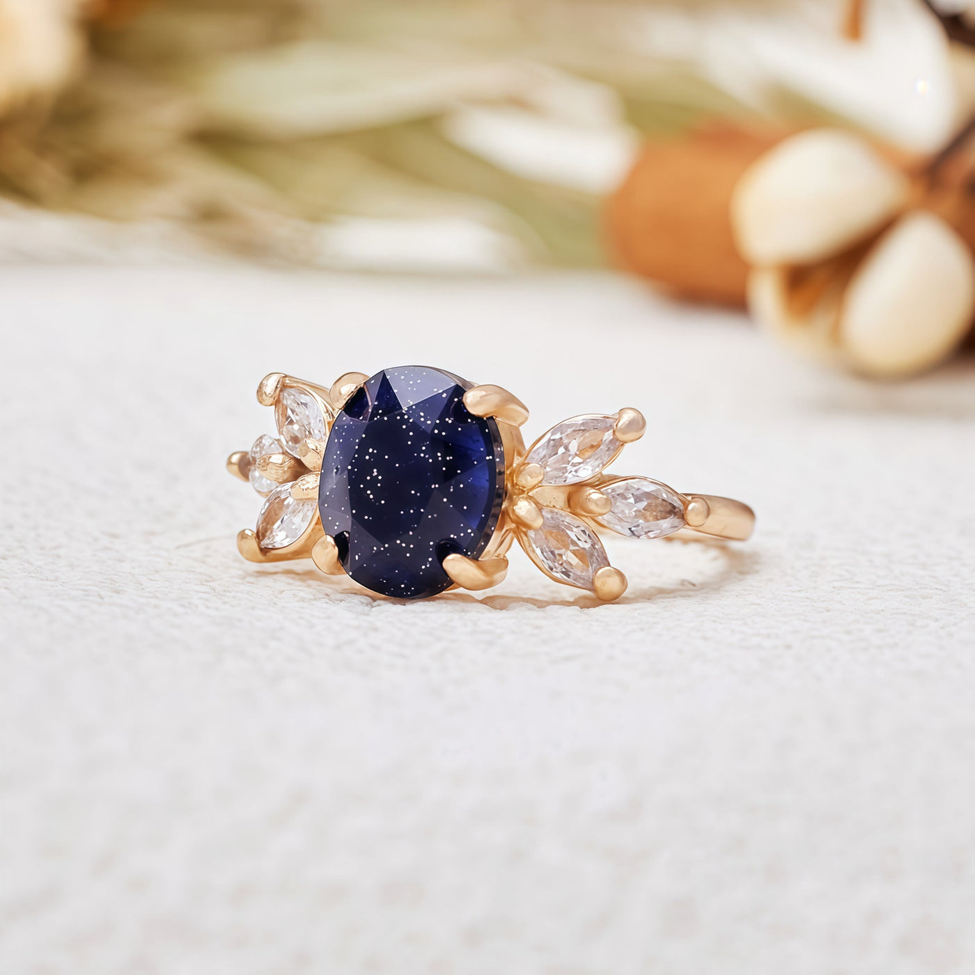 Olivenorma Oval Cut Blue Sandstone Zircon Leaf Ring