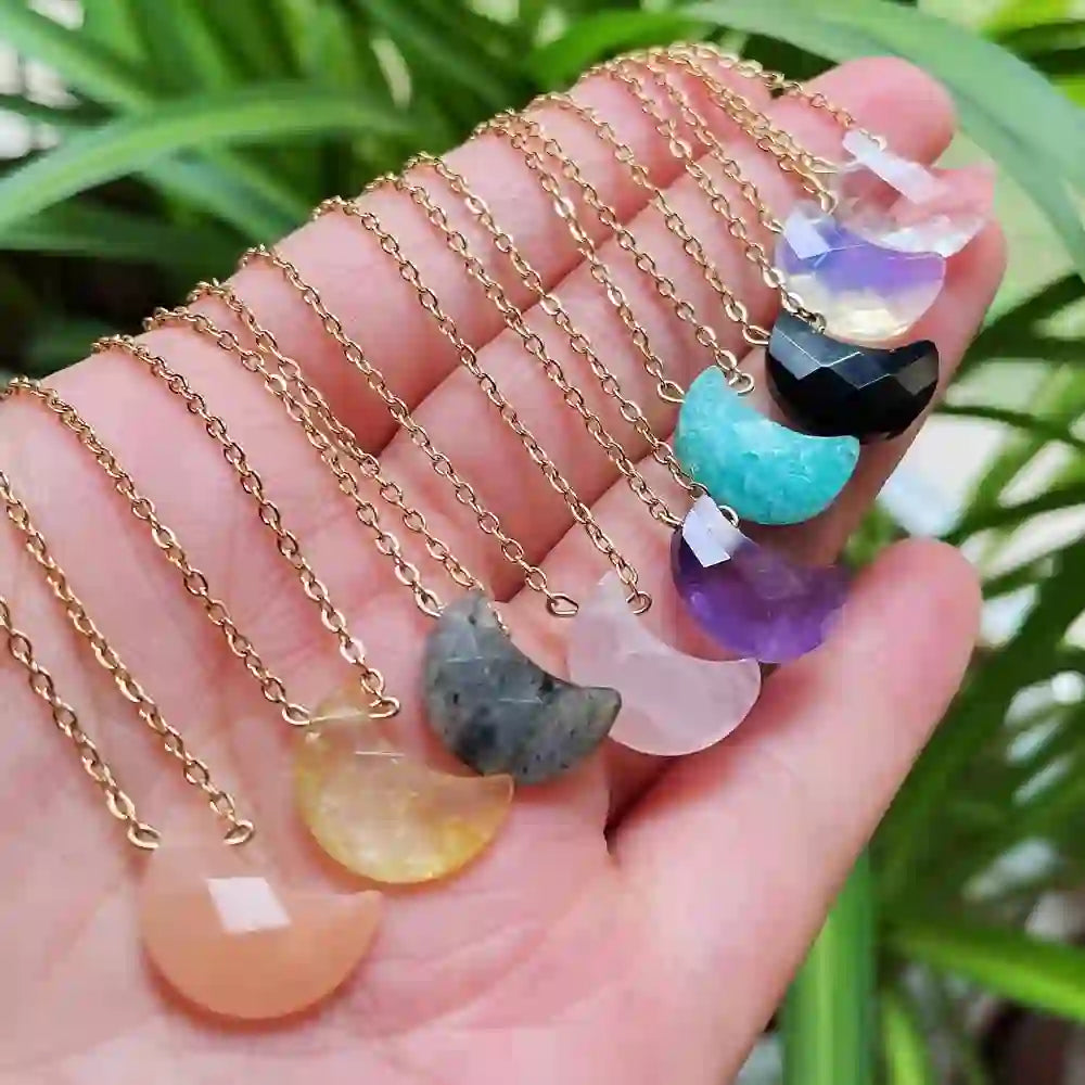Olivenorma Natural Crystal Moon Cut Stainless Steel Necklace