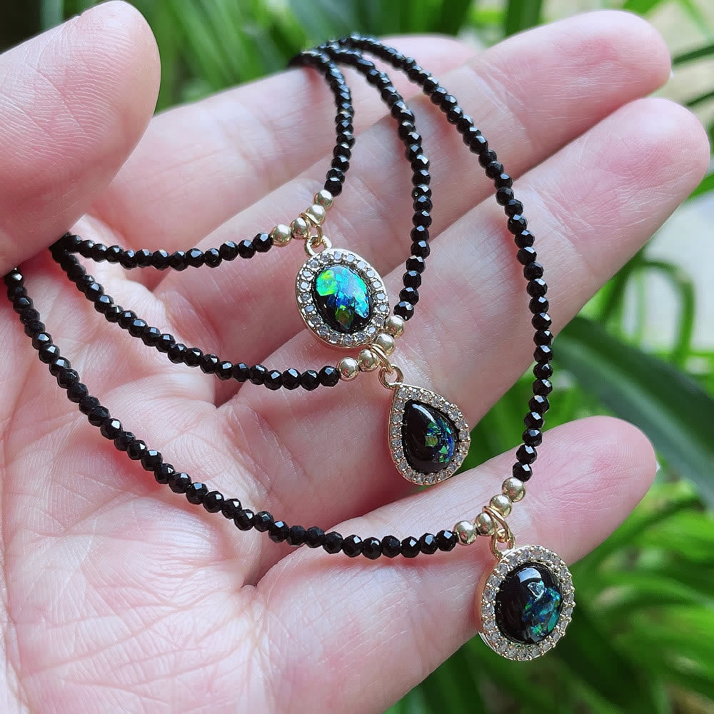 Olivenorma Green Opal Pendant Obsidian Beaded Necklace