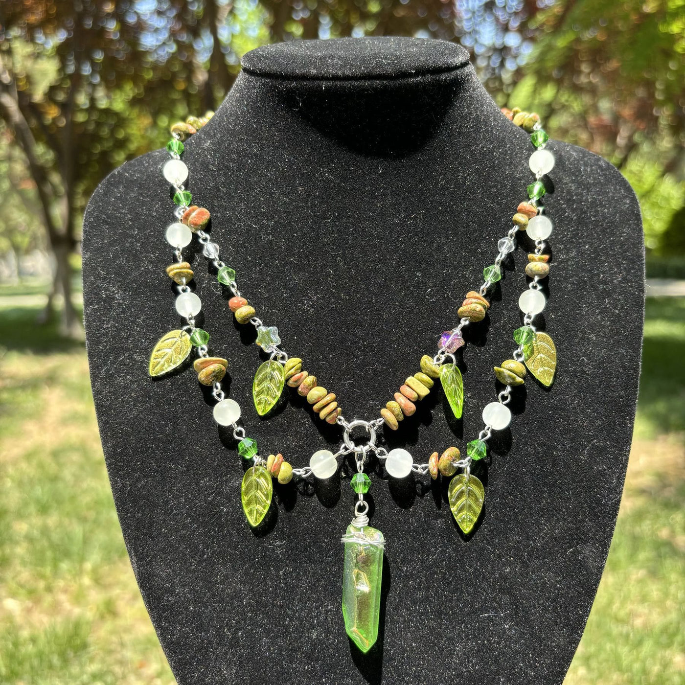 Olivenorma Leaf Clear Crystal Unakite Layered Choker Necklace