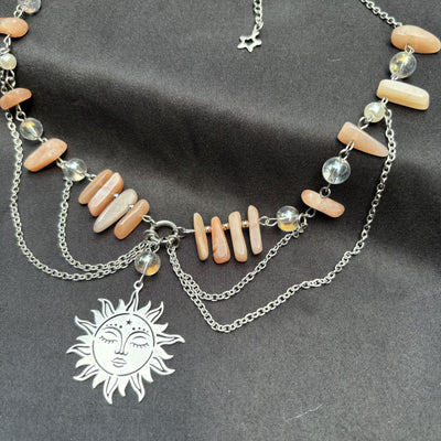 Olivenorma Natural Sun Stone Pendant Layered Choker Necklace