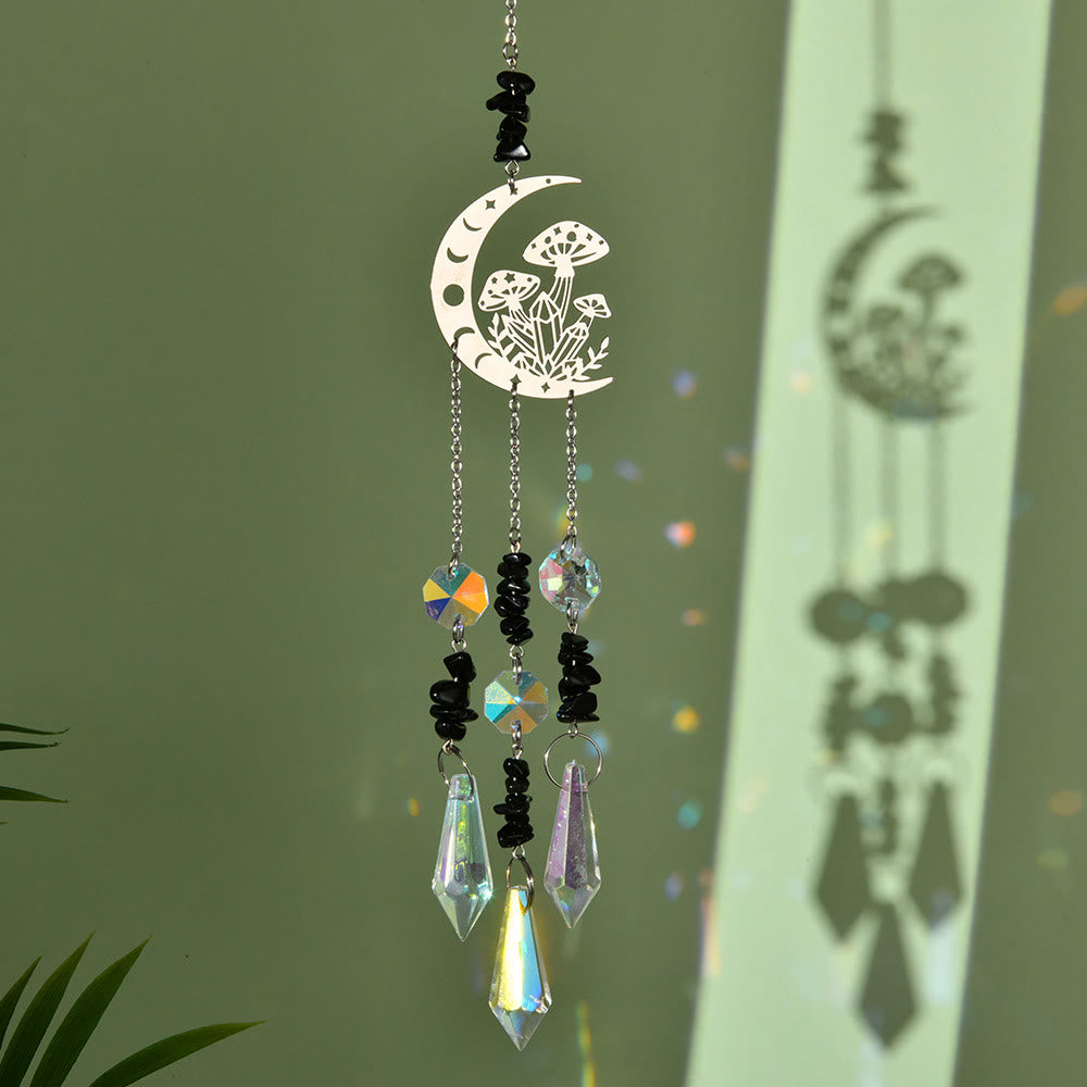 Olivenorma Natural Crystal Moon Mushroom Suncatcher Wind Chime