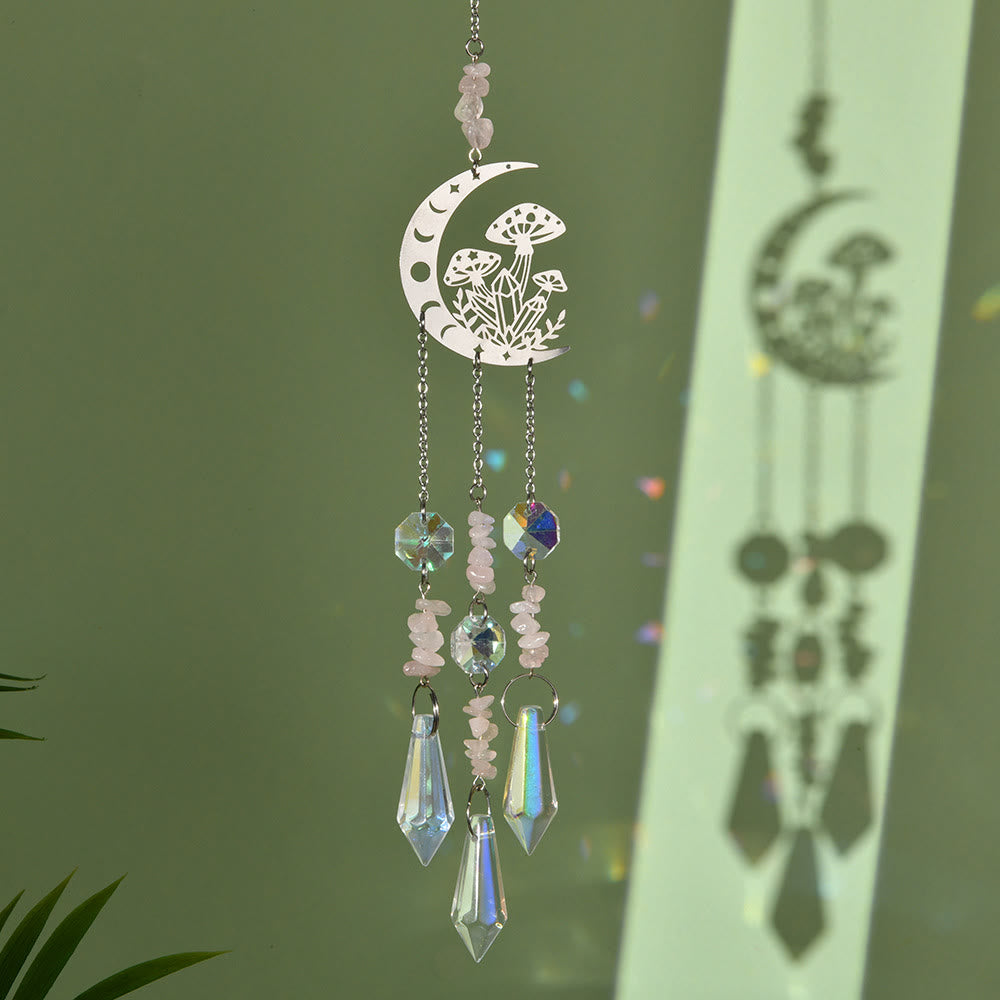 Olivenorma Natural Crystal Moon Mushroom Suncatcher Wind Chime