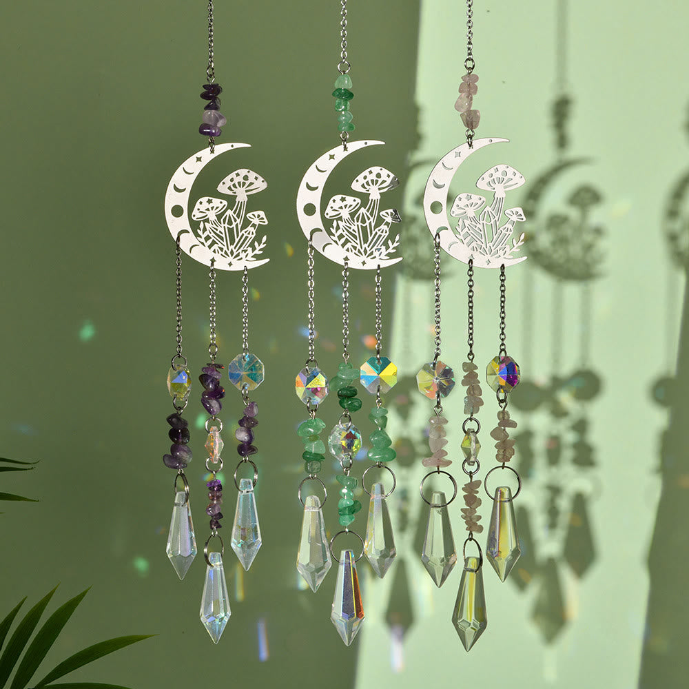 Olivenorma Natural Crystal Moon Mushroom Suncatcher Wind Chime