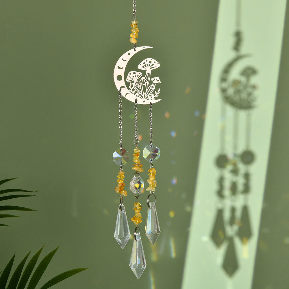 Olivenorma Natural Crystal Moon Mushroom Suncatcher Wind Chime