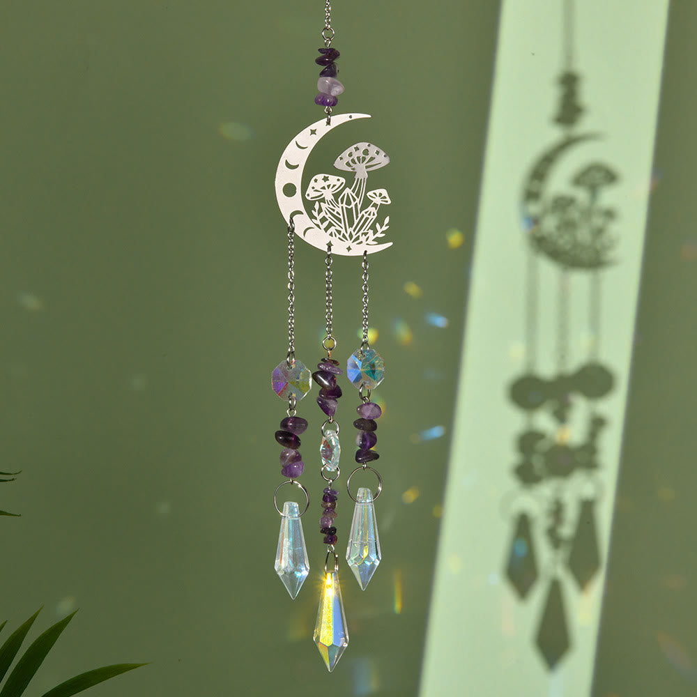 Olivenorma Natural Crystal Moon Mushroom Suncatcher Wind Chime