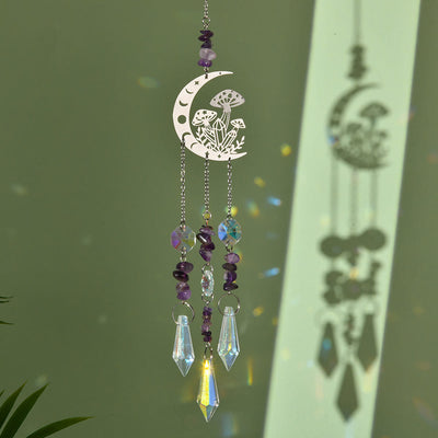 Olivenorma Natural Crystal Moon Mushroom Suncatcher Wind Chime