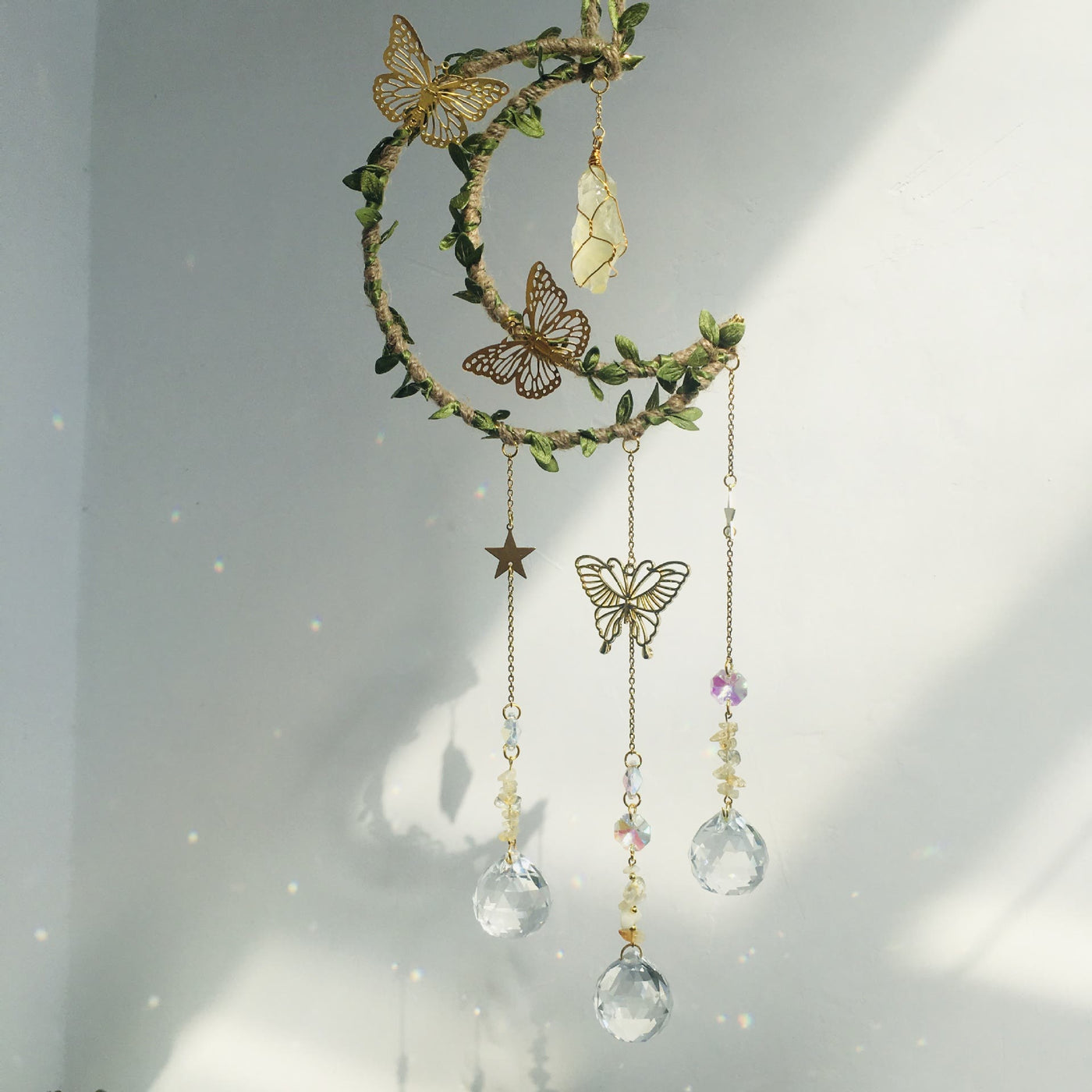 Olivenorma Natural Crystal Vine Moon Butterfly Wind Chime