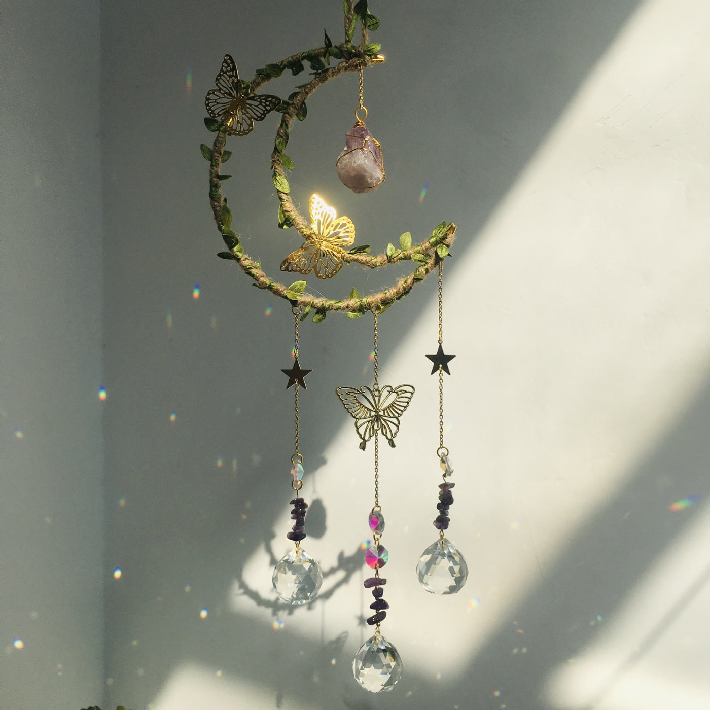 Olivenorma Natural Crystal Vine Moon Butterfly Wind Chime