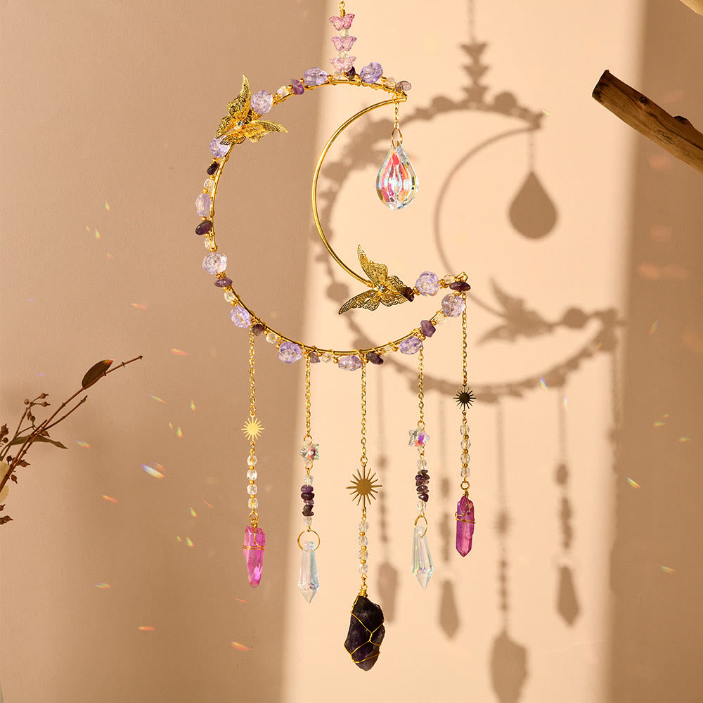 Olivenorma Natural Crystal Woven Moon Butterfly Wind Chime