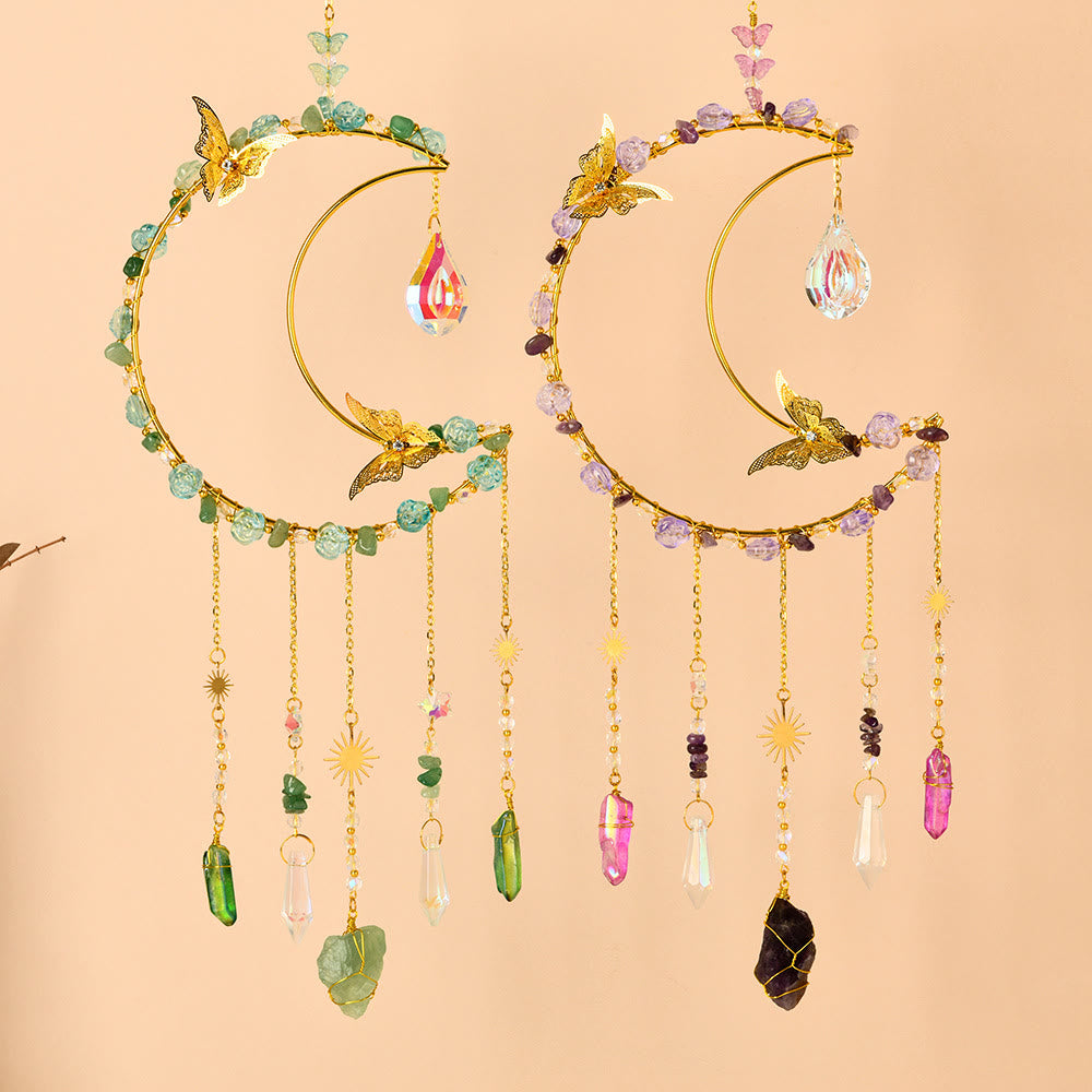 Olivenorma Natural Crystal Woven Moon Butterfly Wind Chime