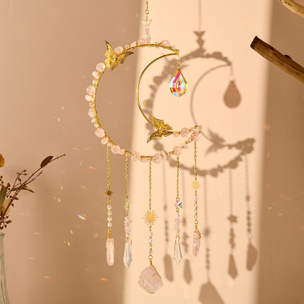 Olivenorma Natural Crystal Woven Moon Butterfly Wind Chime
