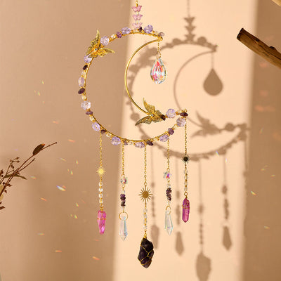 Olivenorma Natural Crystal Woven Moon Butterfly Wind Chime