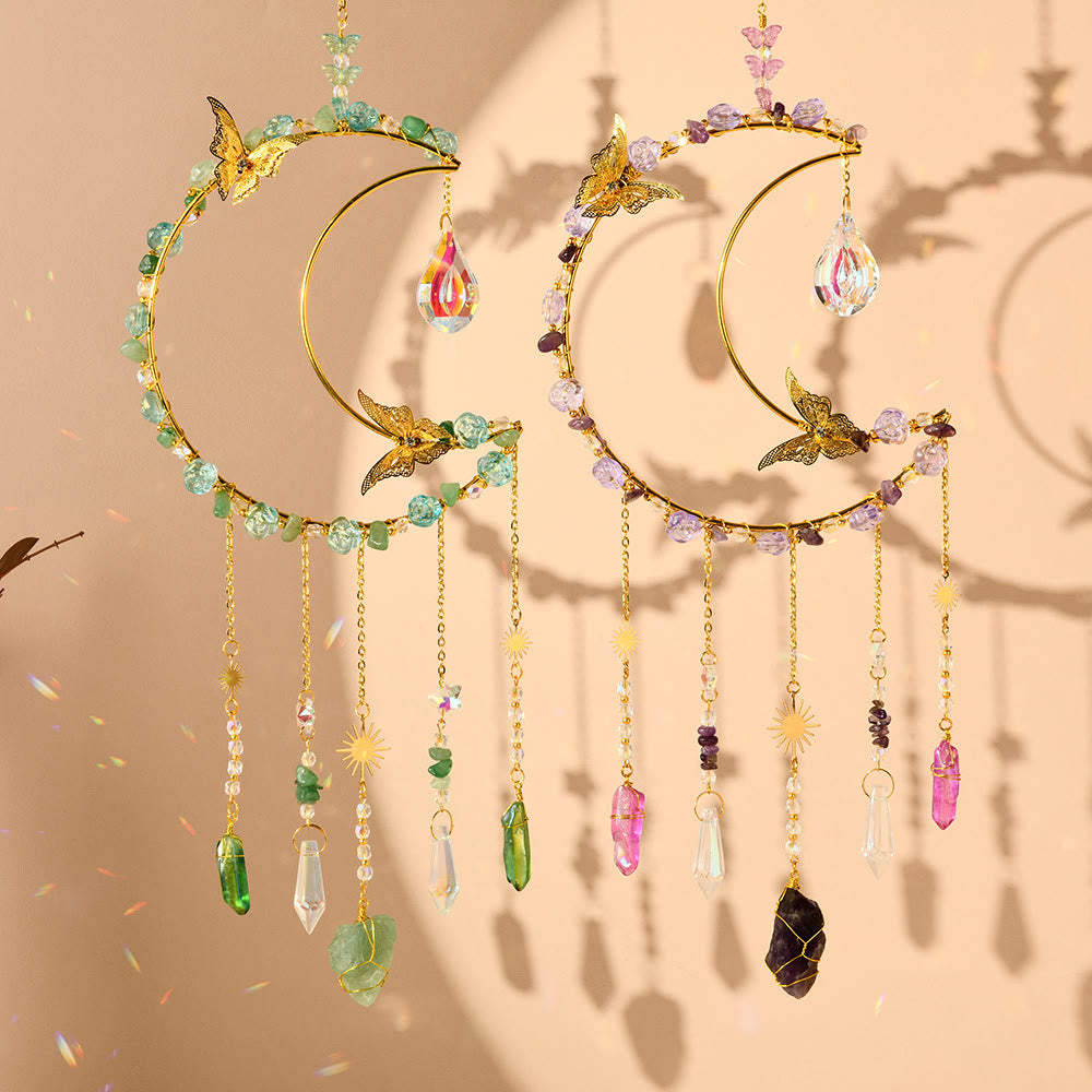 Olivenorma Natural Crystal Woven Moon Butterfly Wind Chime