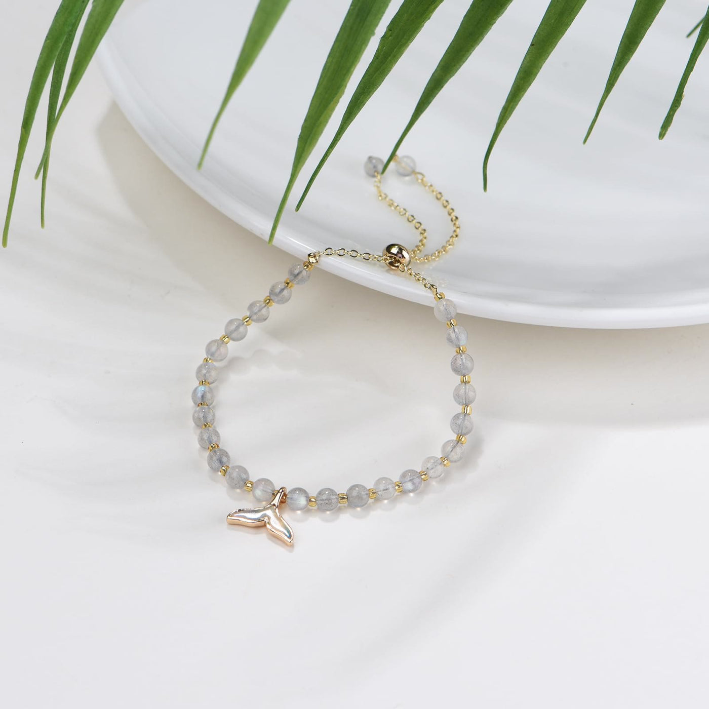 Olivenorma Natural Labradorite Beads Whale Tail Pendant Bracelet
