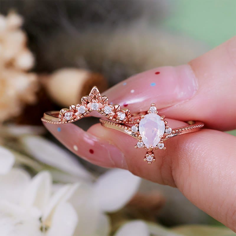 Olivenorma 2Pcs Opalite Simulated Diamond Crown Ring