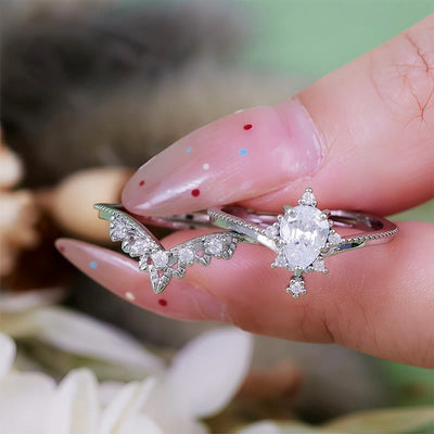 Olivenorma 2Pcs Opalite Simulated Diamond Crown Ring