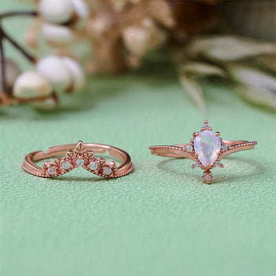Olivenorma 2Pcs Opalite Simulated Diamond Crown Ring