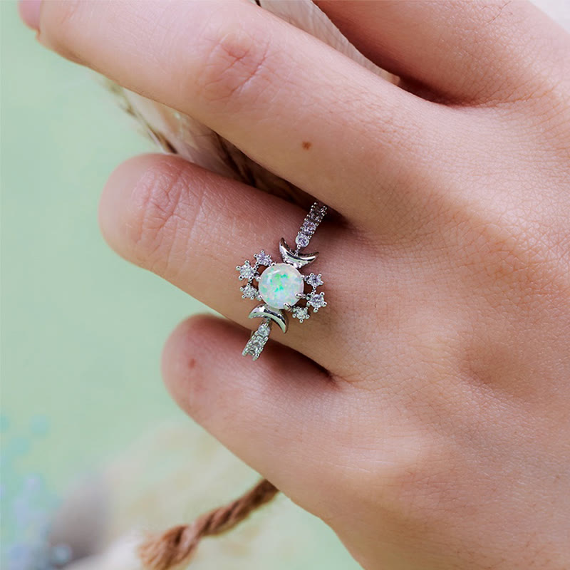 Olivenorma White Opal White Zircon Triple Moon Goddess Ring