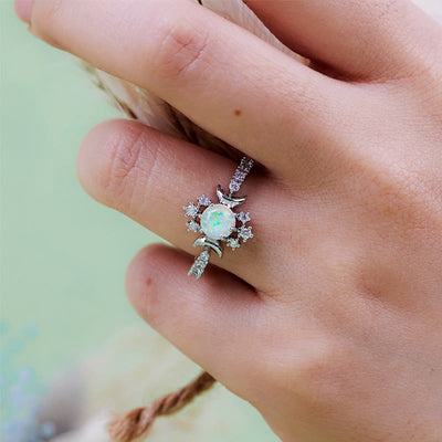 Olivenorma White Opal White Zircon Triple Moon Goddess Ring