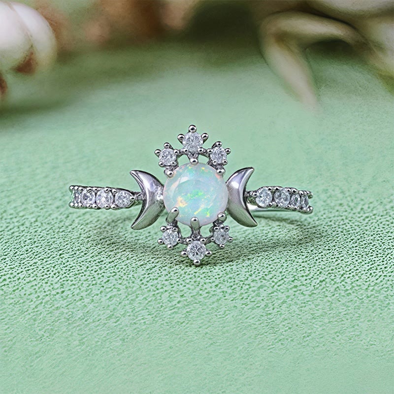Olivenorma White Opal White Zircon Triple Moon Goddess Ring