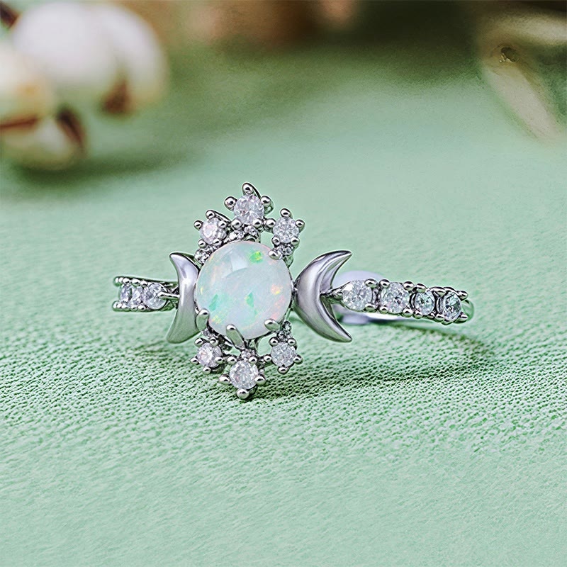 Olivenorma White Opal White Zircon Triple Moon Goddess Ring