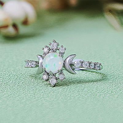 Olivenorma White Opal White Zircon Triple Moon Goddess Ring