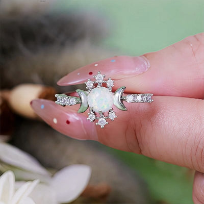 Olivenorma White Opal White Zircon Triple Moon Goddess Ring