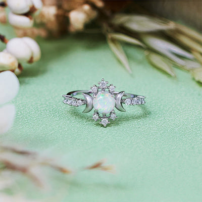 Olivenorma White Opal White Zircon Triple Moon Goddess Ring