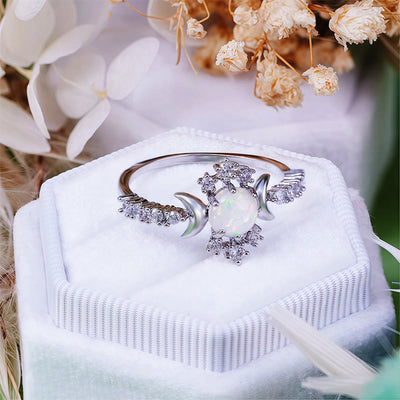 Olivenorma White Opal White Zircon Triple Moon Goddess Ring