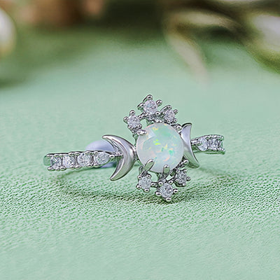 Olivenorma White Opal White Zircon Triple Moon Goddess Ring