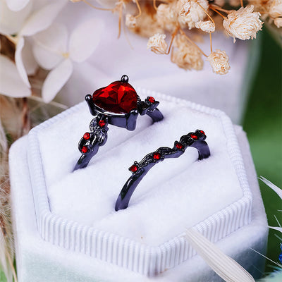 Olivenorma 2Pcs Heart Ruby Quartz Black Ring Set