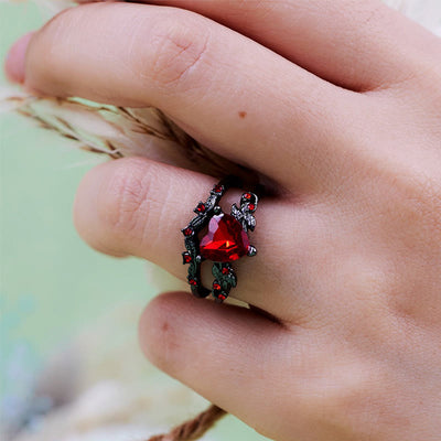Olivenorma 2Pcs Heart Ruby Quartz Black Ring Set