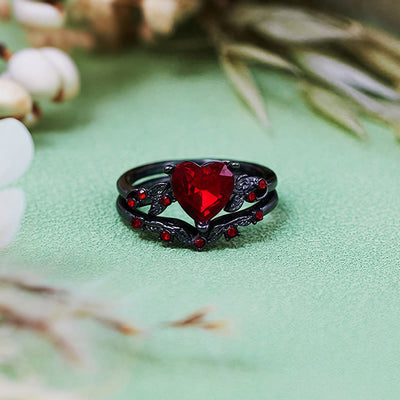 Olivenorma 2Pcs Heart Ruby Quartz Black Ring Set