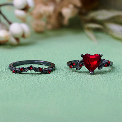 Olivenorma 2Pcs Heart Ruby Quartz Black Ring Set