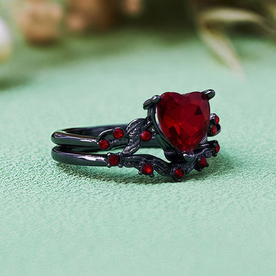 Olivenorma 2Pcs Heart Ruby Quartz Black Ring Set