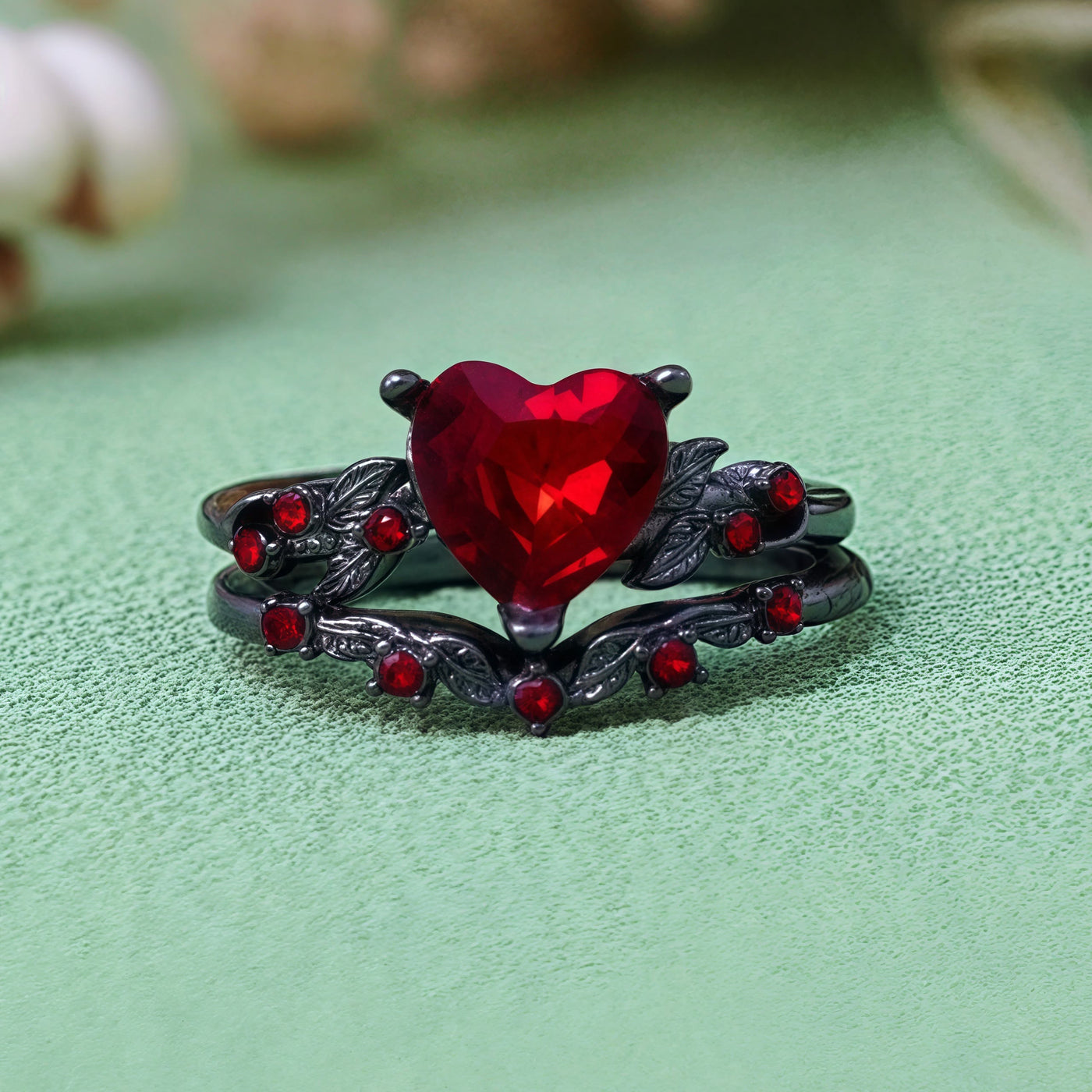 Olivenorma 2Pcs Heart Ruby Quartz Black Ring Set
