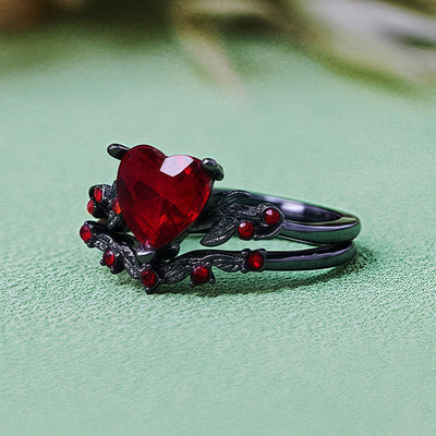 Olivenorma 2Pcs Heart Ruby Quartz Black Ring Set