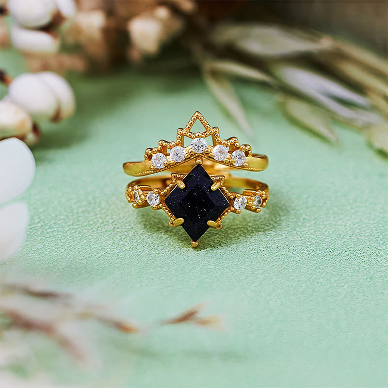 Olivenorma "Princess Crown" 2 Pcs Blue Sandstone Ring Set