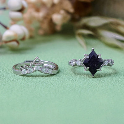 Olivenorma "Princess Crown" 2 Pcs Blue Sandstone Ring Set