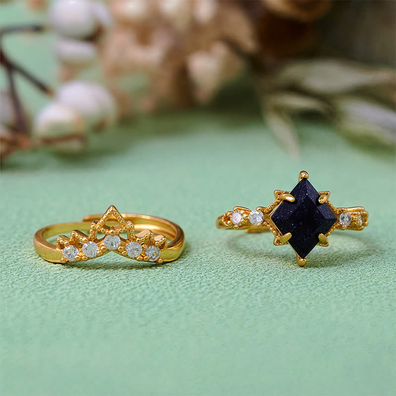 Olivenorma "Princess Crown" 2 Pcs Blue Sandstone Ring Set