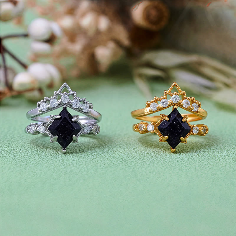 Olivenorma "Princess Crown" 2 Pcs Blue Sandstone Ring Set