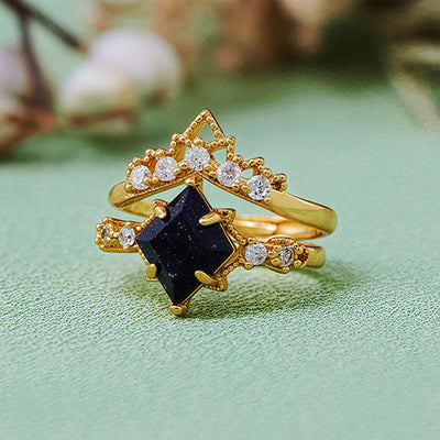 Olivenorma "Princess Crown" 2 Pcs Blue Sandstone Ring Set