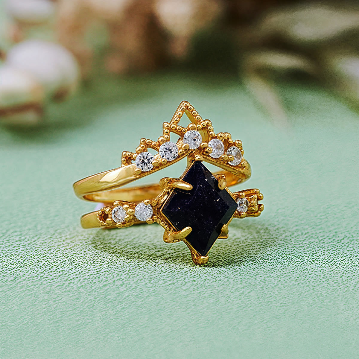 Olivenorma "Princess Crown" 2 Pcs Blue Sandstone Ring Set